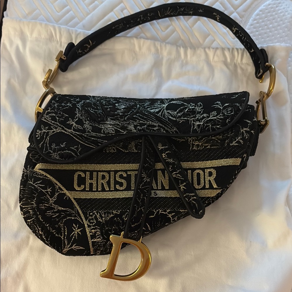 Dior Black and Gold Saddle Bag